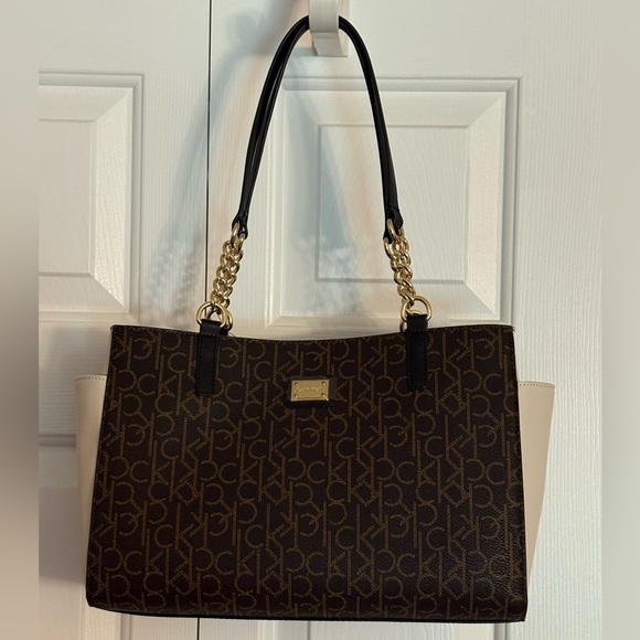 Calvin Klein Handbags - Calvin Klein Monogram Tote Brown and Cream with Gold Accents Classic NEW
